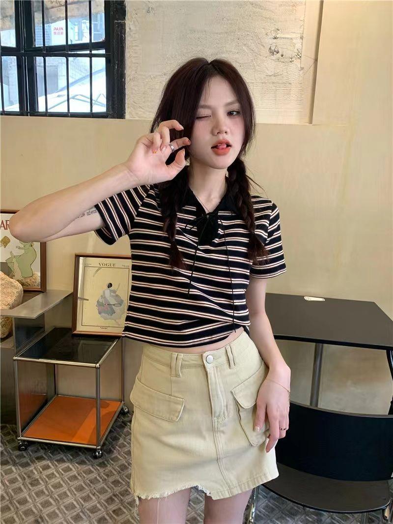 Product Introduction of Áo Thun Sọc, Cổ Polo Màu Tương Phản, Dành Cho Nữ, Phong Cách Cổ Điển Mùa Hè, Mỏng Vừa Vặn, Ngắn Tay, Áo Vai Ngắn, Bán Chạy 13