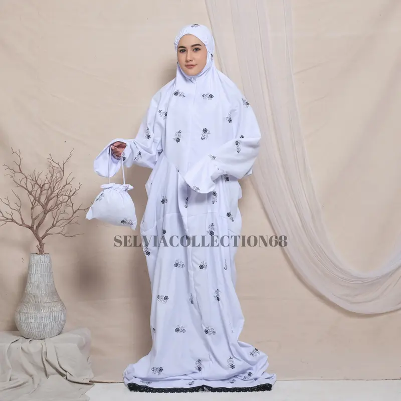 Mukena Terusan Dewasa Jumbo Bordir Bunga Melati 2in1 Katun Premium Panjang Cantik Lembut 8