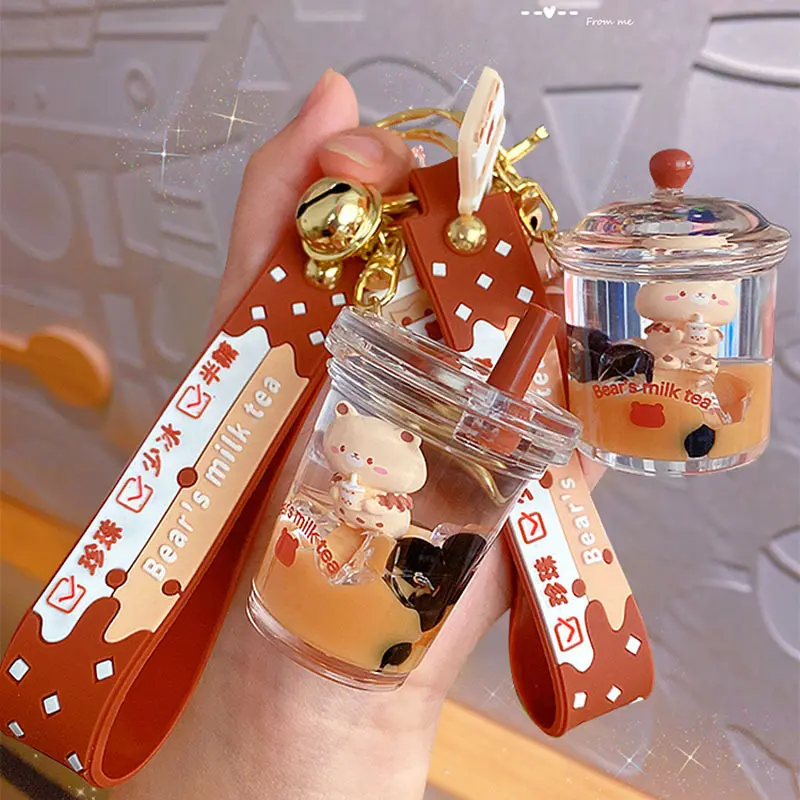 Bubble Milk Tea Cup Bear Pendant Oil Floating Drift Bottle Keychain Women's Exquisite Pendant Schoolbag Quicksand Pendant
