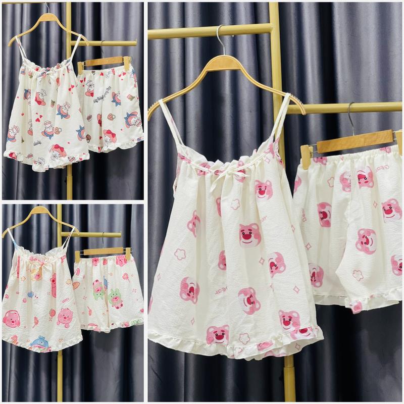 Bộ đồ ngủ Nữ hai dây form áo babydoll chất liệu đũi xốp nhung thoáng mát, Bộ Women mặc nhà toppppp1 set đồ ngủ Quần Ngủ Nho