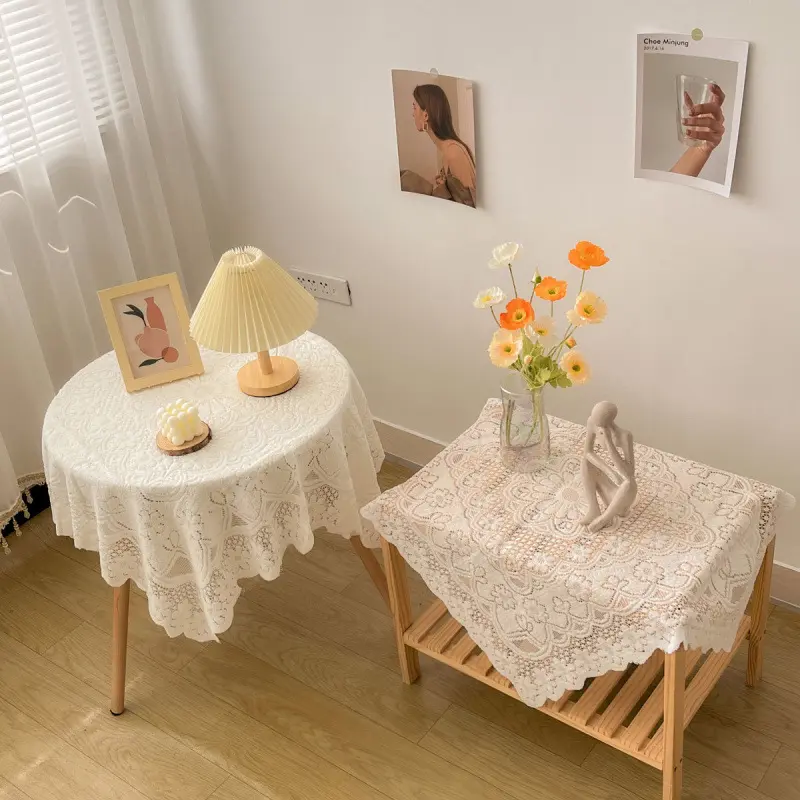 Khăn trải bàn màu trắng phối ren, dùng cho bàn tròn, bàn vuông, decor vintage , trang trí nhà 3