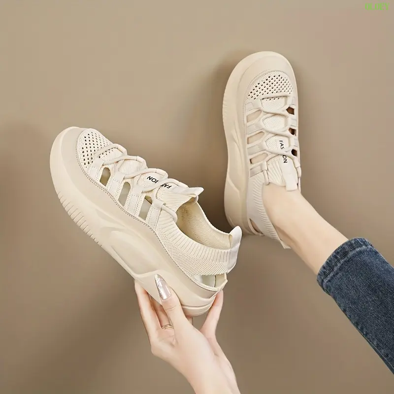 OLOEY Women's Breathable Low-Top Sneakers - Intricate Mesh & Flying Holes Design, Beige Synthetic Cover/Fabric Upper, Lightweight EVA Insole & Durable Rubber Sole for Spring/Summer Casual Shoes, Ladies Sneakers, Summer Footwear, Sporty Look, Comfortable F 5