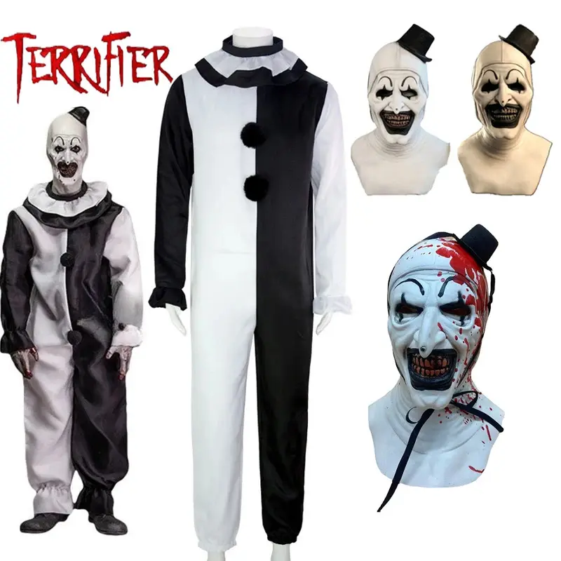 Kostum Cosplay Badut, Filem Art The Clown 2, Kostum Cosplay, dengan Jumpsuit dan Topeng, Kostum Halloween, Untuk Lelaki dan Wanita, Seni