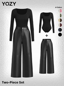 YOZY Valentine's Day Gift for Girl, Ribbed Square Neck Long Sleeve Bodysuit & Pocket Button Pants Set, Button Closure Crotch Bodysuit & Fashion PU Leather Pants, Women's Daily Wear for Spring & Fall, Fall & Winter Outfits