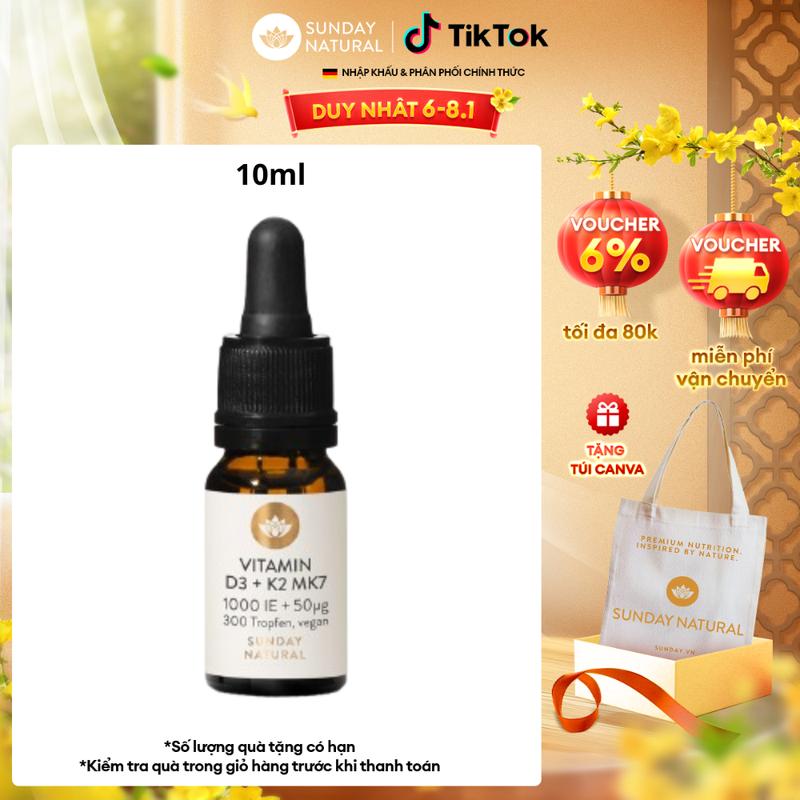 Chai Vitamin Sunday Natural VITAMIN D3, 1.000 IU Vitamin D3 + 50μg K2, Thuần Chay dành cho trẻ em từ 7 tuổi trở lên (Bao bì không có hộp giấy bên ngoài)  Cho Bé