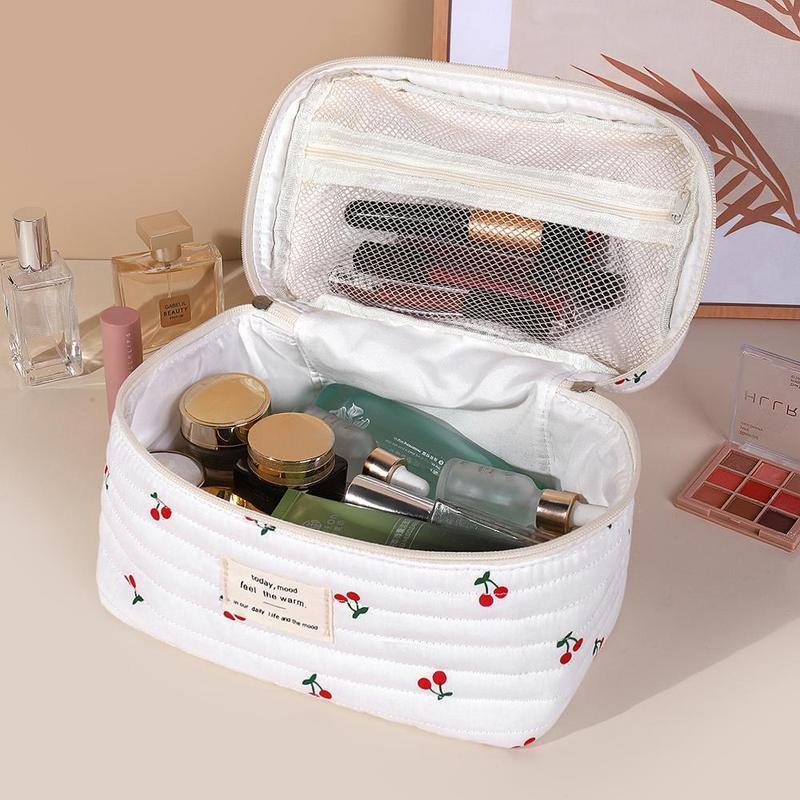 Cherry Pattern Quilted Makeup Storage Bag Set, 3 Counts/set Large Capacity Cosmetic Storage Bag, Zipper Makeup Organizer Pouch for Skincare, Lotion, Cream, Makeup Tool 3