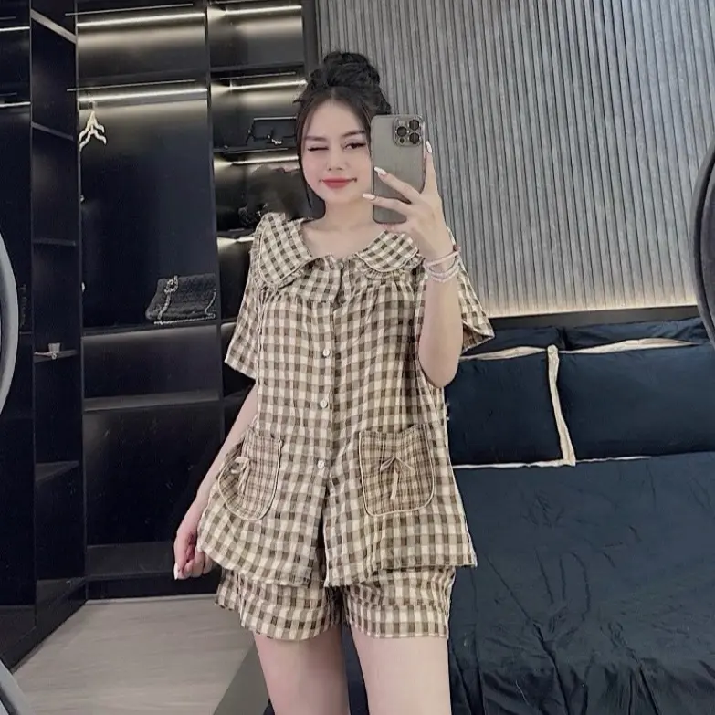 bộ ngủ pijama nữ mùa hè mặc nhà dễ thương  tiểu thư nữ quần đùi áo cộc đũi gân nhung sz(40-58) 5