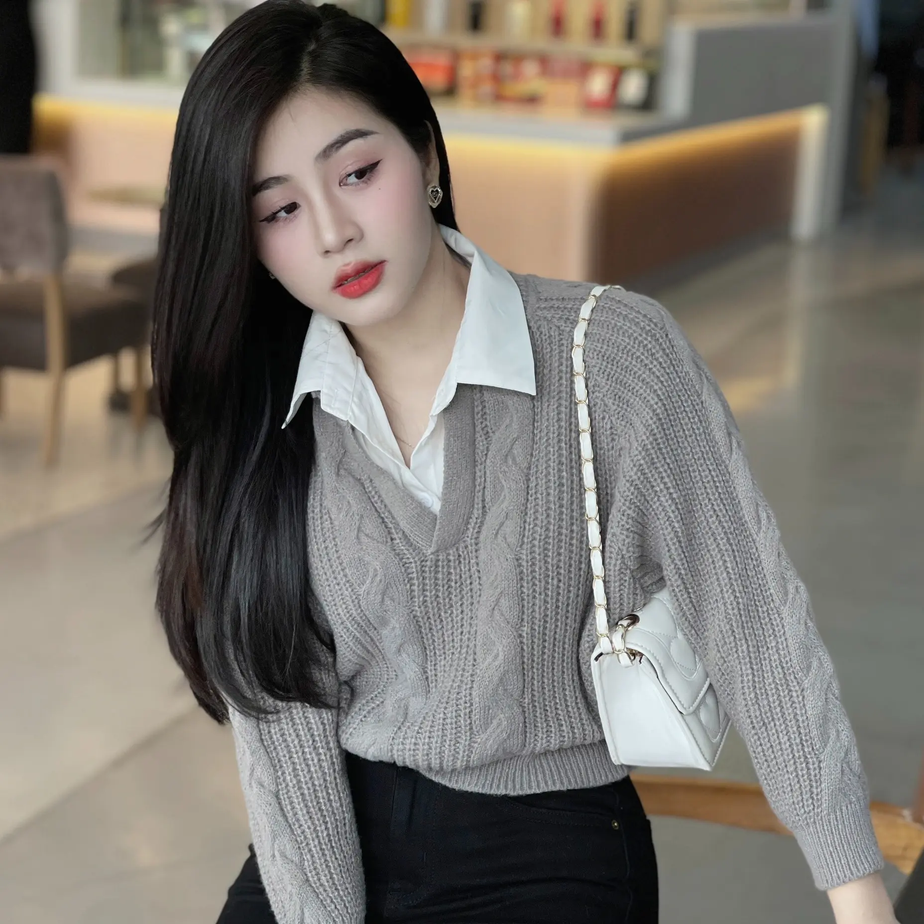Áo len vặn thừng phối cổ sơ mi freesize siêu xinh Eva Lover Top Nữ