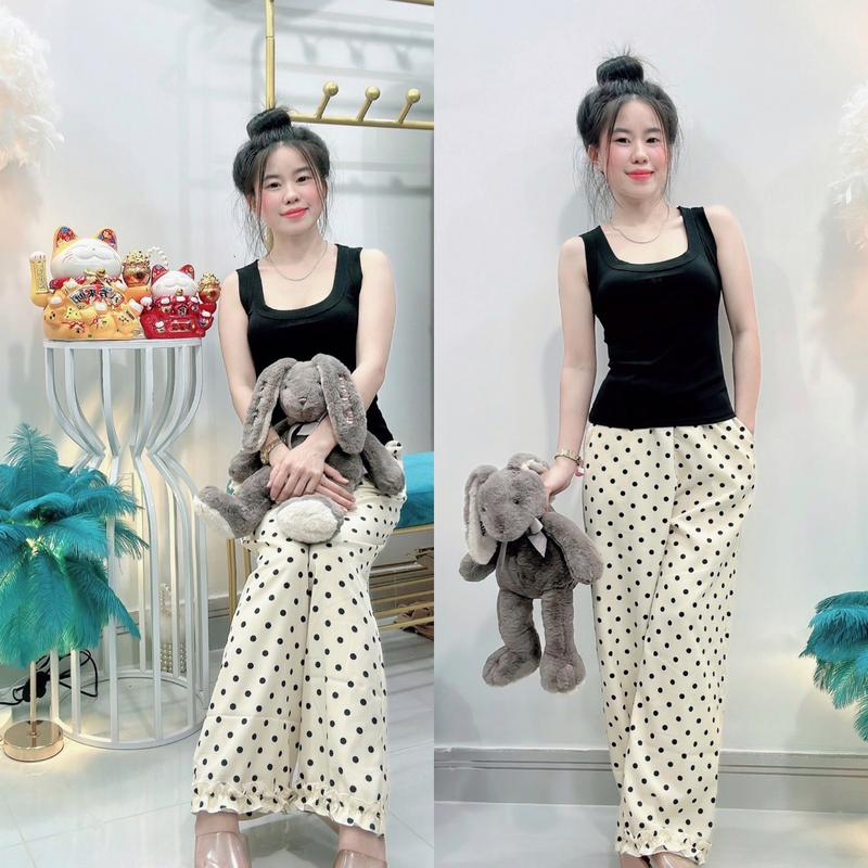  Sét Bộ Áo Thun 3 Lỗ Phối Quần Suông Ca Rô - Chấm Bi Phối Bèo Lai Thời Trang Cá Tính Women Nhung Nữ Voi 