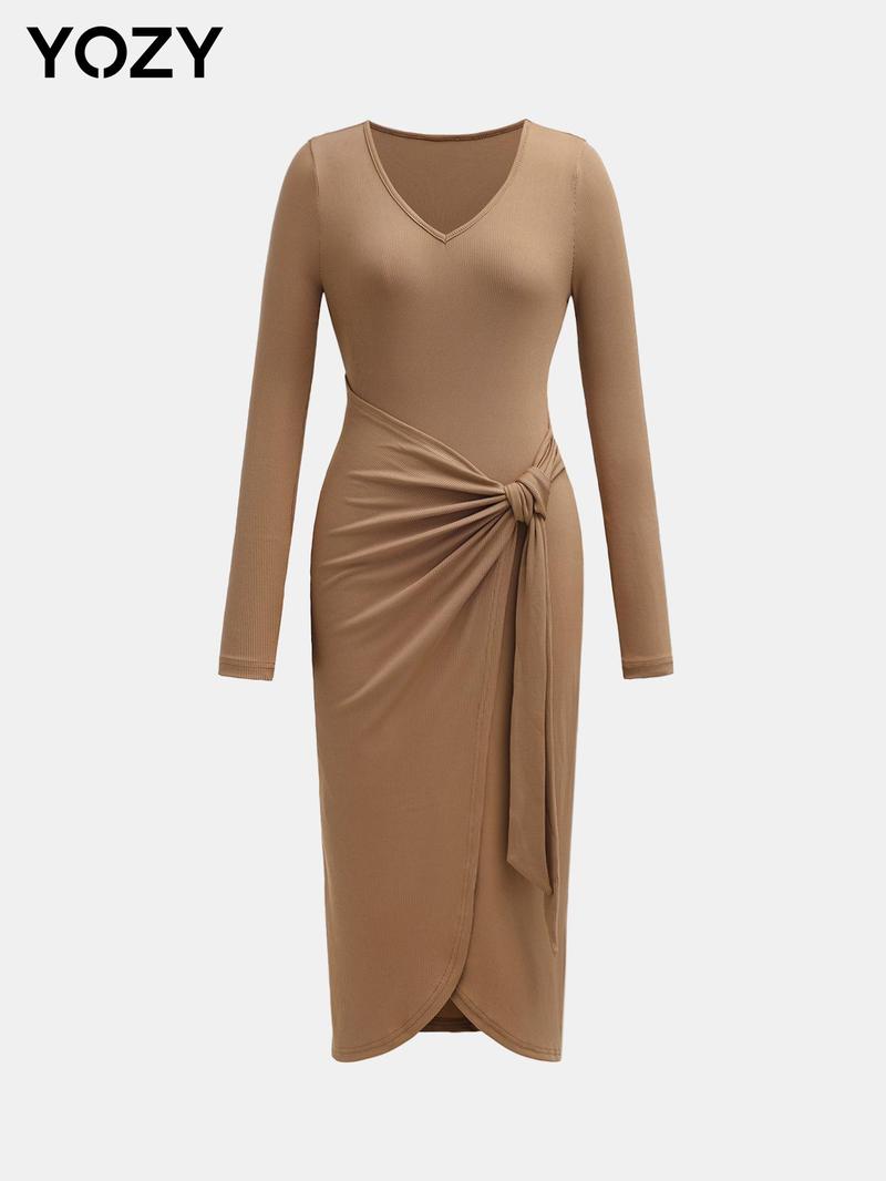Product Introduction of YOZY Women's Plain Knot Front Wrap Ribbed Midi Dress, Casual Long Sleeve V Neck Dress for Daily Wear, Ladies Clothes for All Seasons 12