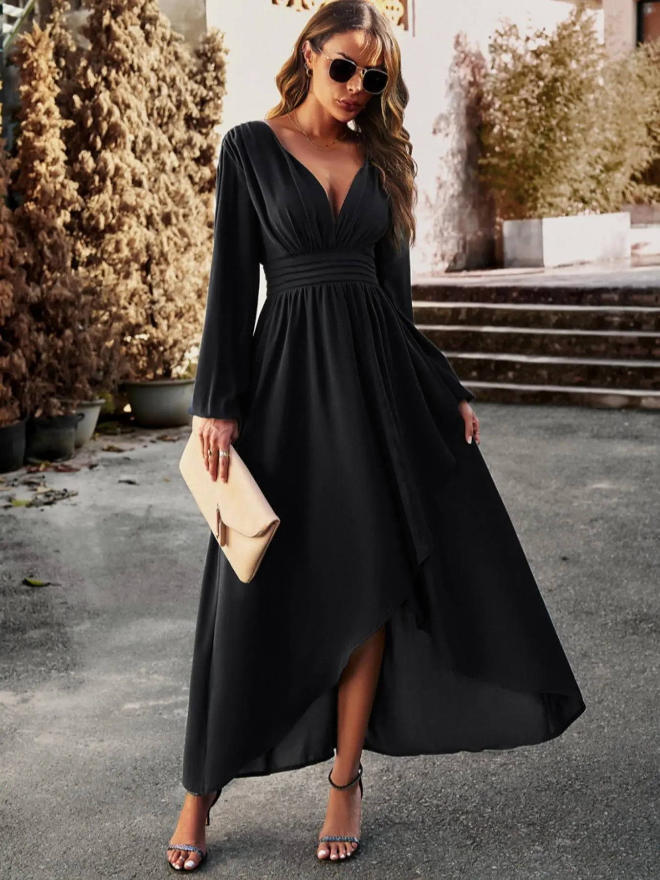 Women's Plain High Low Wrap Deep V Neck A Line Dress, Elegant Fashion Casual Bishop Sleeve Long Dress for Daily Outdoor Wear, Dresses for Women, Women Dress for Spring Fall, Regular Fit Gown for Women