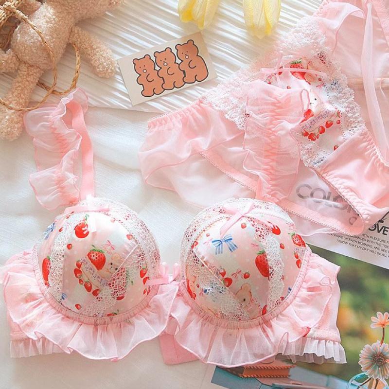 Đồ Lót Phong Cách Công Chúa, Dành Cho Nữ, Phong Cách Lolita, Chất Liệu Mềm Mại Nhật Bản, Thiết Kế Cô Gái Gấu Dễ Thương, Bộ Áo Ngực Không Dây Có Vòng Ngực Nhỏ Đáng Yêu 0