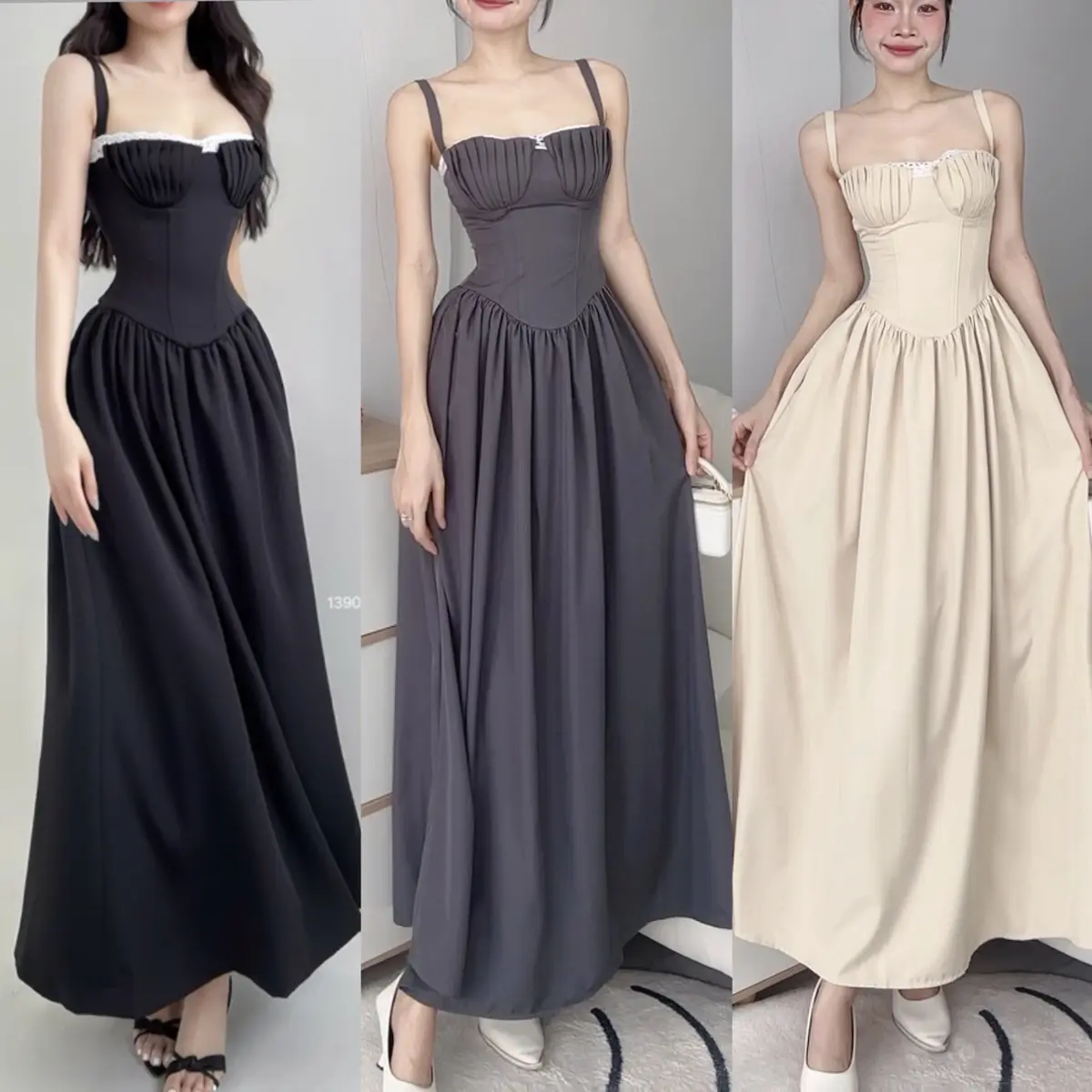 Đầm Cúp Sò Xếp Ly Phối Ren Hai Dây Dress Women xinh sang chảnh váy đi biển đẹp