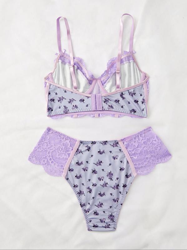 Women's Contrast Floral Lace Bow Front Underwire Bra & Panty Set, Romantic Adjustable Strap Push Up Bra & Panty Set, Soft Comfy Breathable Underwear Set for Women 1
