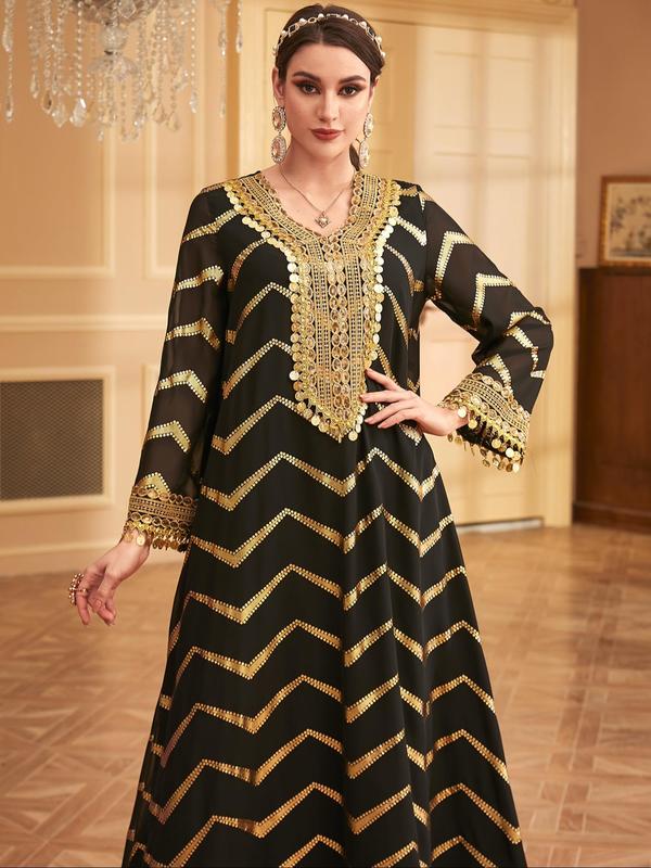Arabic Clothing- Wave Pattern Hot Stamping Contrast Sequin Fringe Trim Dress, Elegant Long Sleeve V Neck Long Dress for Women, Women's Islamic Clothing for All Seasons, Modesty Dresses, Kameez 2