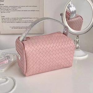 Beg Tangan Baharu, Warna Merah Jambu Perak, Corak Tenunan Blok Warna, Beg Kecil, Mudah Alih, Sesuai untuk Solekan dan Penyimpanan, Beg Penyusun Bags Handbags