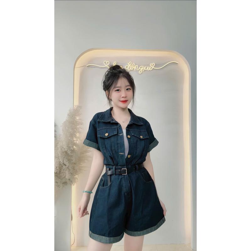 Jumsuit jean DONGXU J33 áo ngắn tay liền quần sooc ngắn cổ bẻ khỏe mạnh cho nữ
