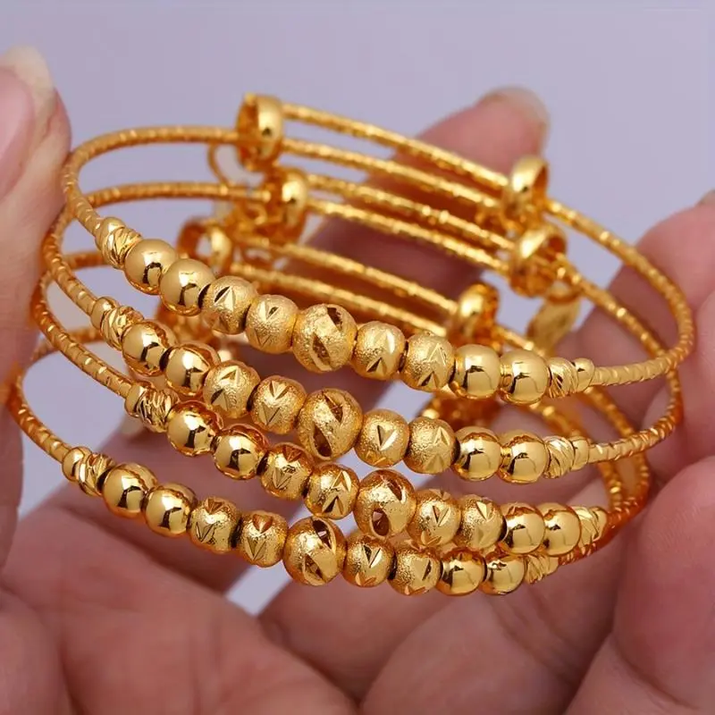 2pcs Classic Adjustable 24k Gold Plated Beaded Bangles, Middle Eastern Inspired, Women's Bridal Wedding Jewelry, Dupes Luxury Jewelry mother's day gift 1