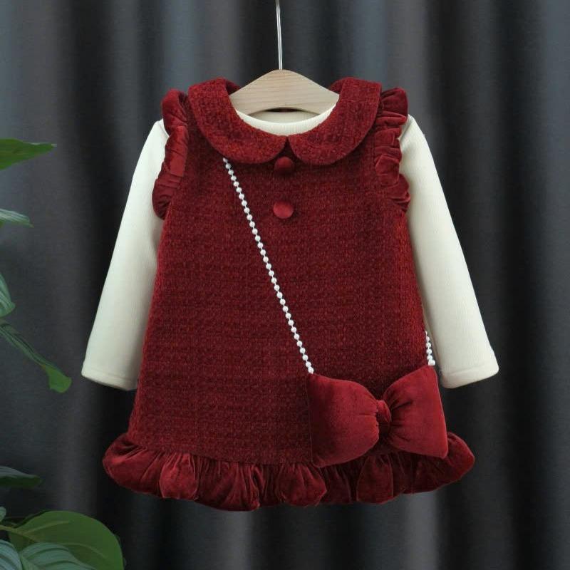  V3331 - Váy Dạ Đỏ Cổ Sen Áo Kem Kèm Nơ Đeo Chéo Cho Bé Gái Size 7-15kg 