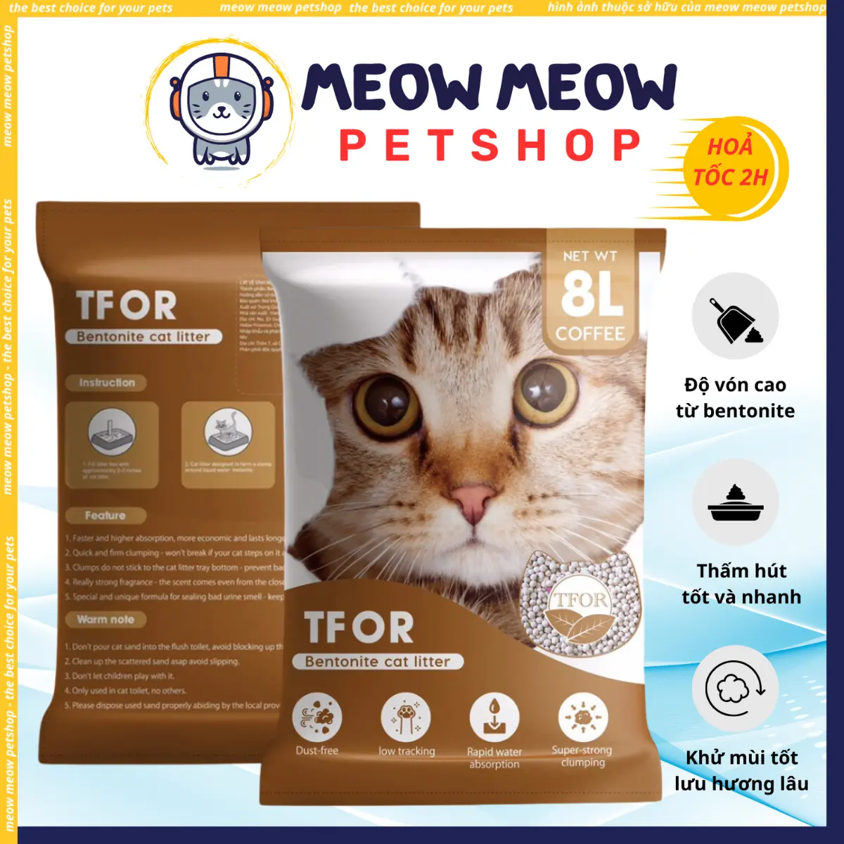Cát vệ sinh cho mèo TFOR ĐẤT SÉT TÚI 8L. Cát mèo TFOR Bentonite khử mùi và vón tốt cho mèo.