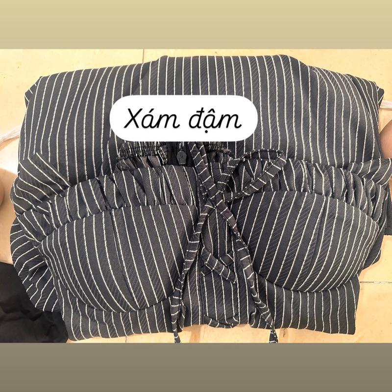 Váy cổ vuông kẻ sọc tay hến tùng xoè bồng kèm quần 4