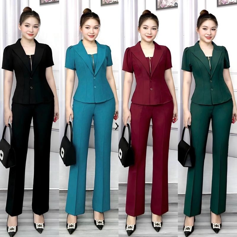 Sét Bộ Thiết Kế Khóa Kéo Trước Quần loe Dài 95cm ( ống 21 22cm) Cho Nữ - Top, Cotton, Áo