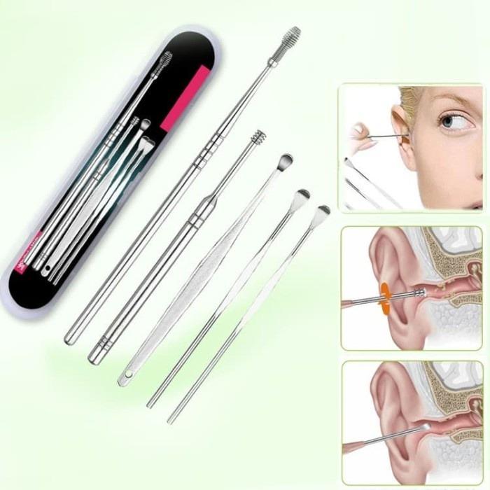 Korek Kuping 5 in 1 alat pembersih telinga Dewasa membersihkan kotoran ear cleaner anti karat aman 7