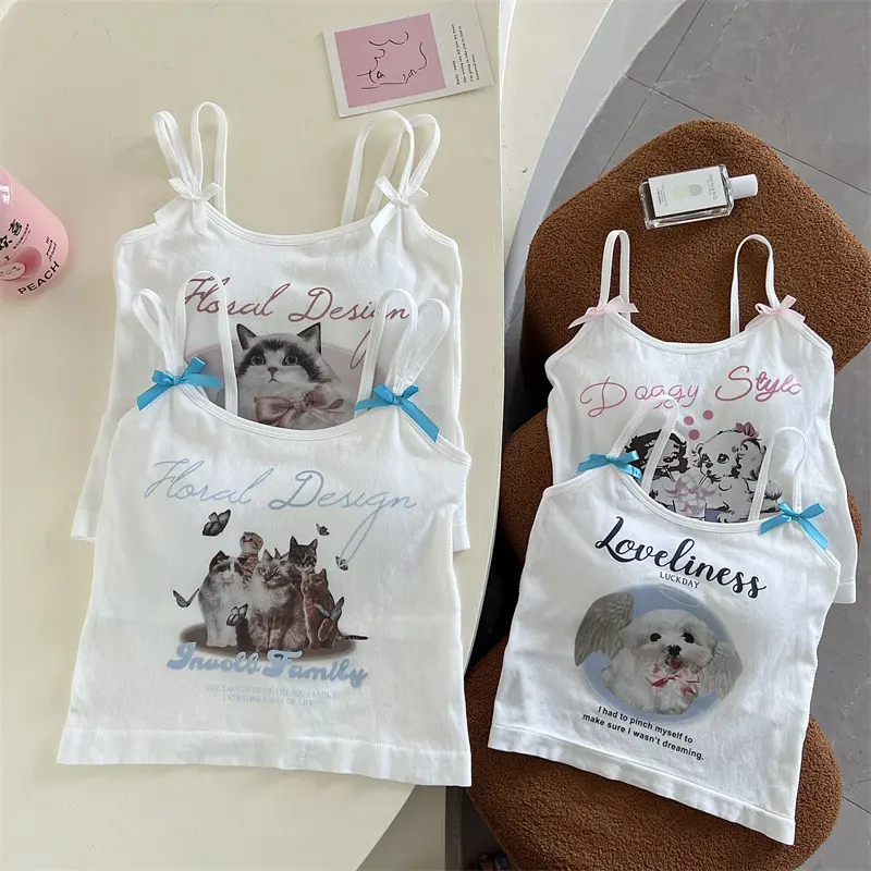 Popular Pure Sexy Sling Vest with Chest Pad Cute Printed Cartoon White Hot Girl Beauty Back Inner Wear Outer Wear Women