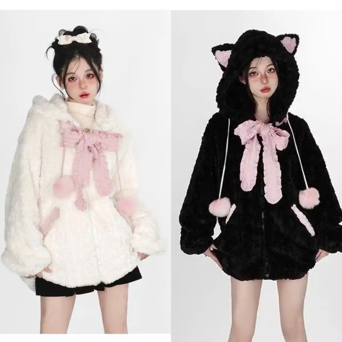 Áo Khoác Lông Tai Thỏ Quả Bông Phối Cổ Nơ 2 Màu Dễ Thương - Nữ - Jacket