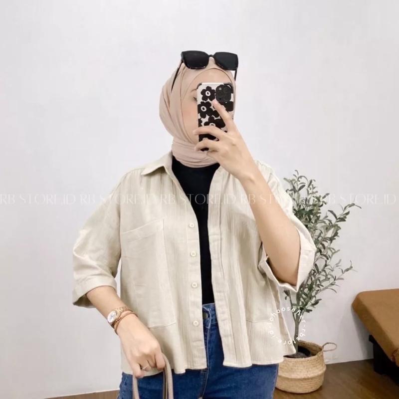 Kemeja Linen Wanita / Atasan Wanita Korean Style / COZIE TOP KEMEJA LINEN /   Blouse Korea Polos 120 Baju Crinkle Kancing Panjang Flowy Mewah 7