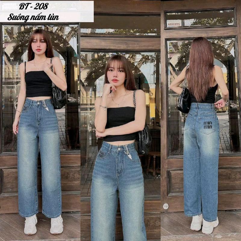 (S-XL nấm lùn 95cm)quần jean nữ lưng cao ống rộng suông nấm lùn dài 95cm túi sau thêu chữ minmin,chất jean QC mềm không co dãn, tông màu xanh nhạt  bụi ,wash retro style women pants quần jean bụi 208