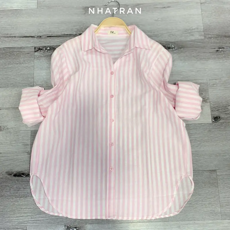 nhatran - Áo sơ mi nữ cổ bẻ tay dài sọc kẻ phom vừa Top Women Pastel SOC 7