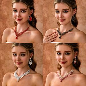 ชุดสร้อยคอและต่างหู สไตล์เรโทรยุโรปและอเมริกา เครื่องประดับชุดจัดเลี้ยงแต่งงานของเจ้าสาว ชุดสองชิ้นสุดหรูเกินจริง สีทับทิม