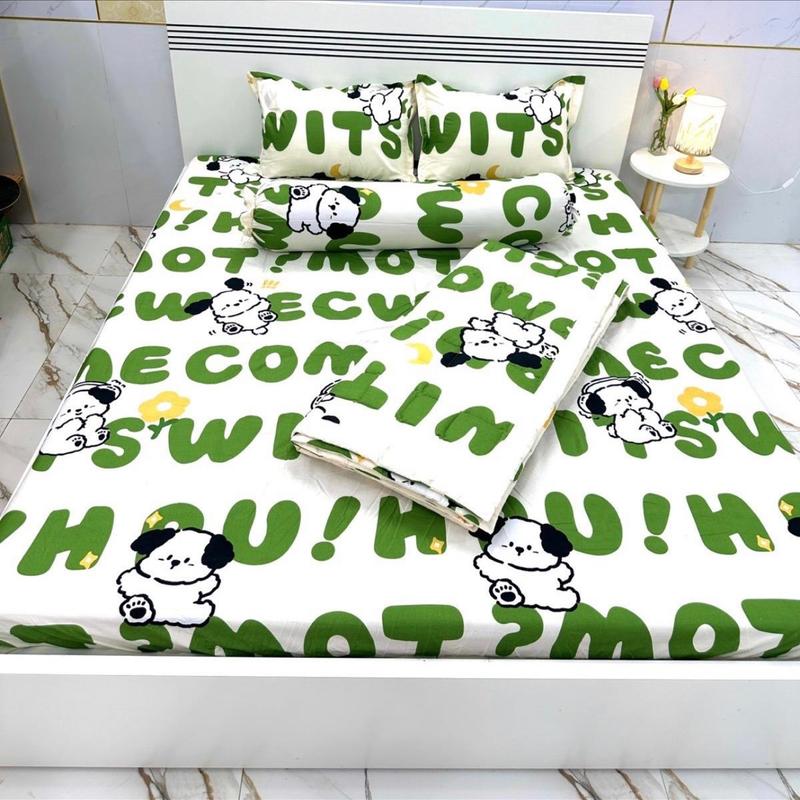 Bộ chăn ga gối cotton poly cún chữ xanh 0