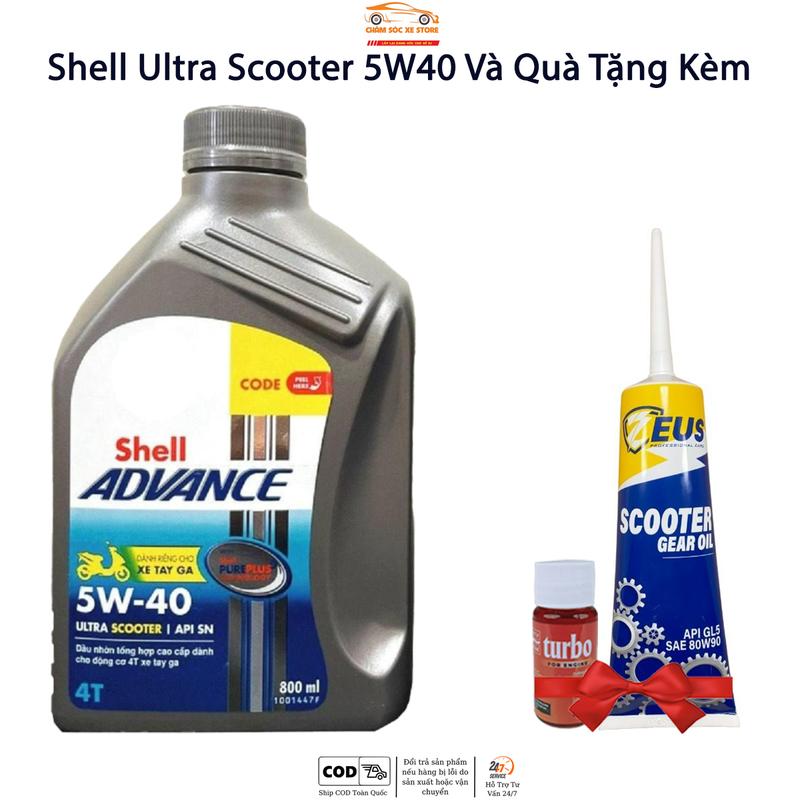 Dầu nhớt dành cho xe tay ga Shell Advance Scooter 5W40 - Kèm Quà gồm 1 tuýp nhớt láp Zeus và 1 Xado Very Turbo