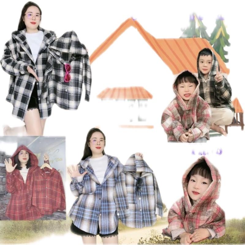 Có Túi Trong Áo khoác chống nắng nam nữ dành cho mẹ và bé Flannel Form rộng chất vải dạ cotton kẻ caro dày dặn