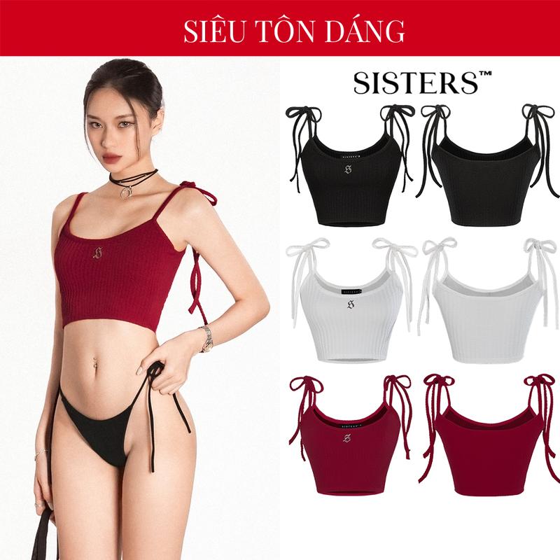 Áo hai dây croptop buộc nơ SISTERS nhiều màu, chất thun đan len co dãn siêu tôn dáng Lena | SS4-T2