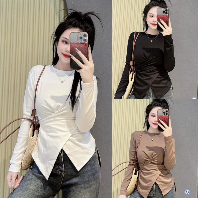 Áo thun dáng ôm nữ TAY DÀI vạt chéo nhún eo hai bên ( A.H 4M )