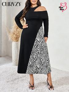 CURVZY Plus Size Patchwork Print Cut Out Long Sleeve Dress, Elegant Round Neck A Line Midi Dress for Party Holiday Wedding Guest, Women's Clothes for Fall & Winter