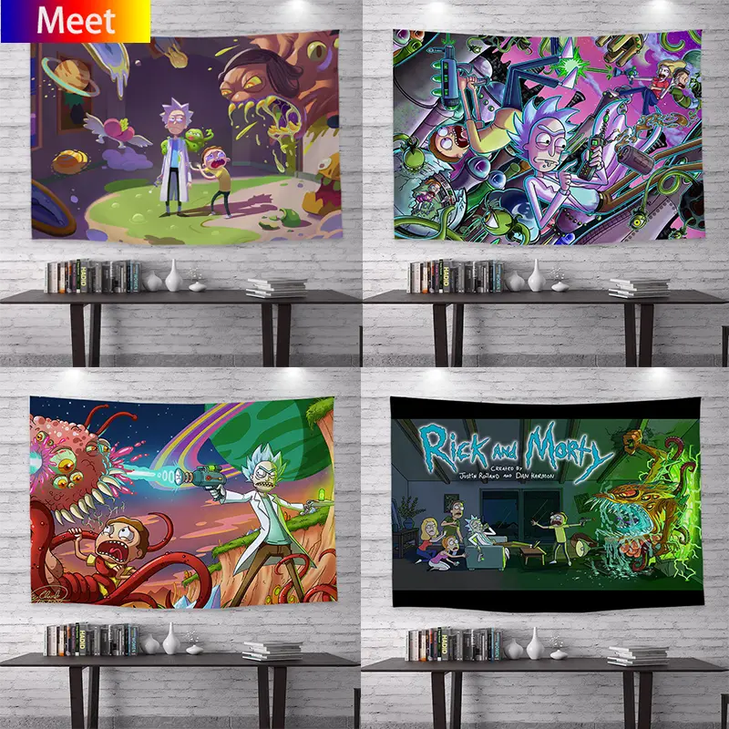อะนิเมะ Rick and Morty แขวนผนัง พื้นหลังผ้า แบนเนอร์ พรมติดผนัง ตกแต่งห้องนอน ผ้าติดผนัง ผ้าม่านทึบแสง ผ้าปูโต๊ะ ผ้าขนหนูชายหาด