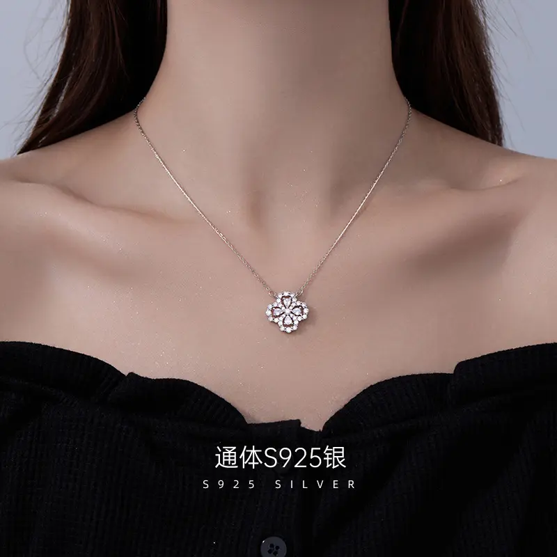 Ficus Tree S925 Silver Simple Elegant Four-Leaf Clover Necklace for Women, Light Luxury Versatile High-End Water Drop Flower Clavicle Chain
