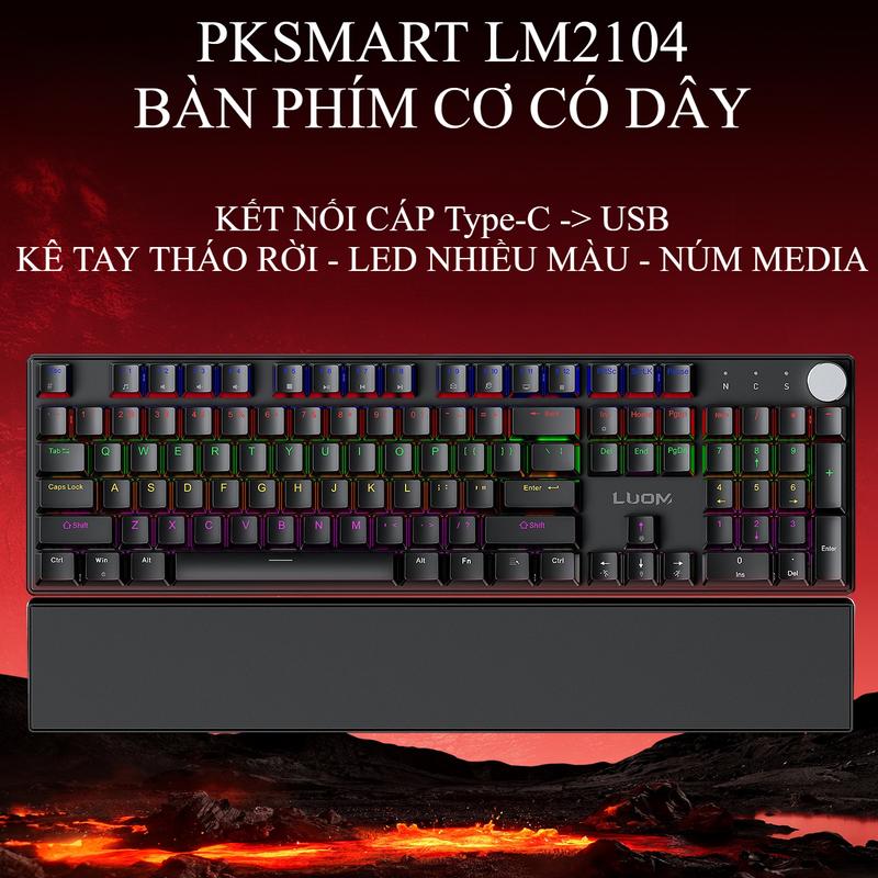 Bàn Phím Cơ Có Dây Tháo Rời - PKSMART LM2104 - LED 17 Hiệu Ứng - Kê Tay Tháo Rời - Núm Đa Năng - Bảo Hành Lỗi Đổi Mới
