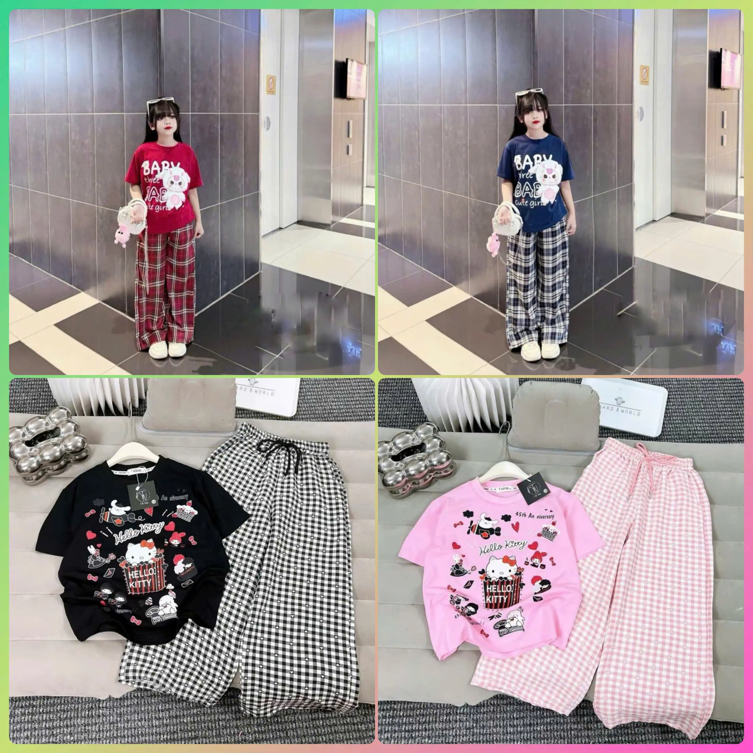 Bộ quần áo Baby Three kẻ xuống cho bé gái 14-45kg, chất cotton mềm mát, họa tiết xinh xắn