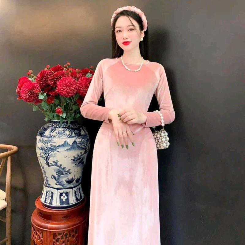 Áo dài nhung sang trọng , lịch sự , trẻ trung tôn da tôn dáng ( lẻ áo k kèm mấn đội đầu ) Nữ Women