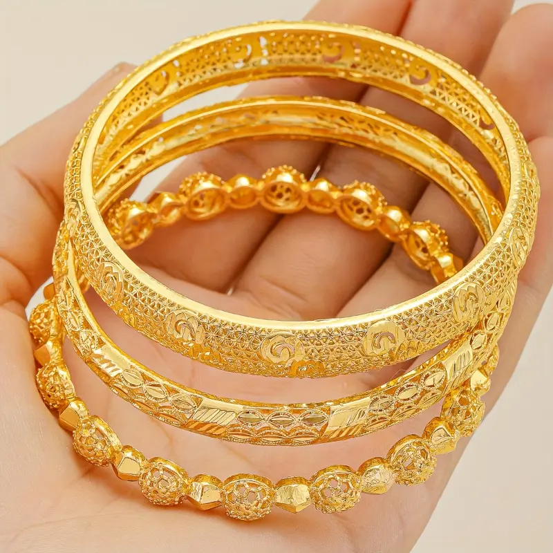 3pcs set of Middle East Dubai jewelry for brides, luxurious national style Golden-plated bracelets, African Ethiopian Women's wedding bracelet sets suitable daily wear by women, all-season accessories mother's day gift 1