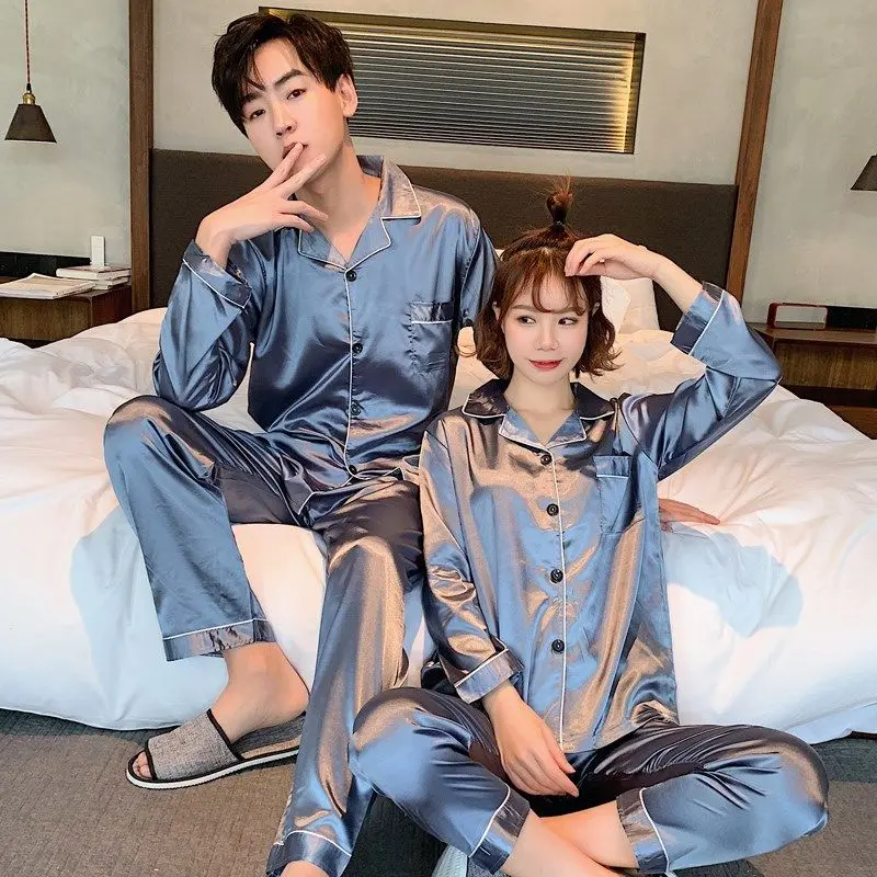 Bộ Đồ Ngủ Nam Nữ, Chất Liệu Lụa Lạnh Dài Tay, Mỏng, Lụa Nhân Tạo, Thích Hợp Cho Mùa Xuân Và Mùa Thu, Cỡ Lớn Cho Cặp Đôi, Đồ Mặc Nhà Mùa Hè