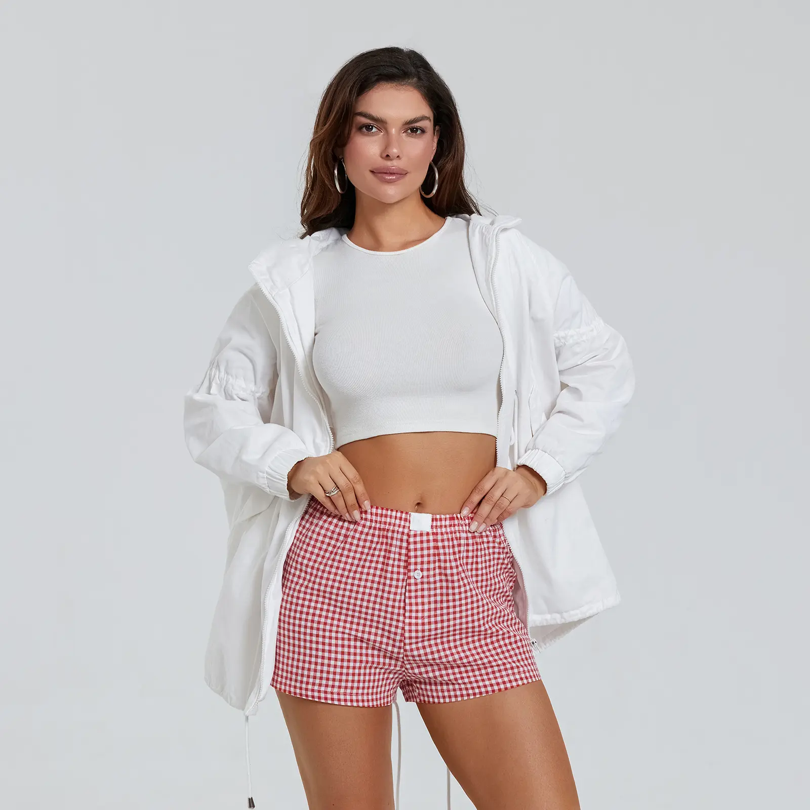 Women’s Plaid Print Shorts Elastic Low Waist Button Front Lounge Shorts Boxers Streetwear Fabric Womenswear