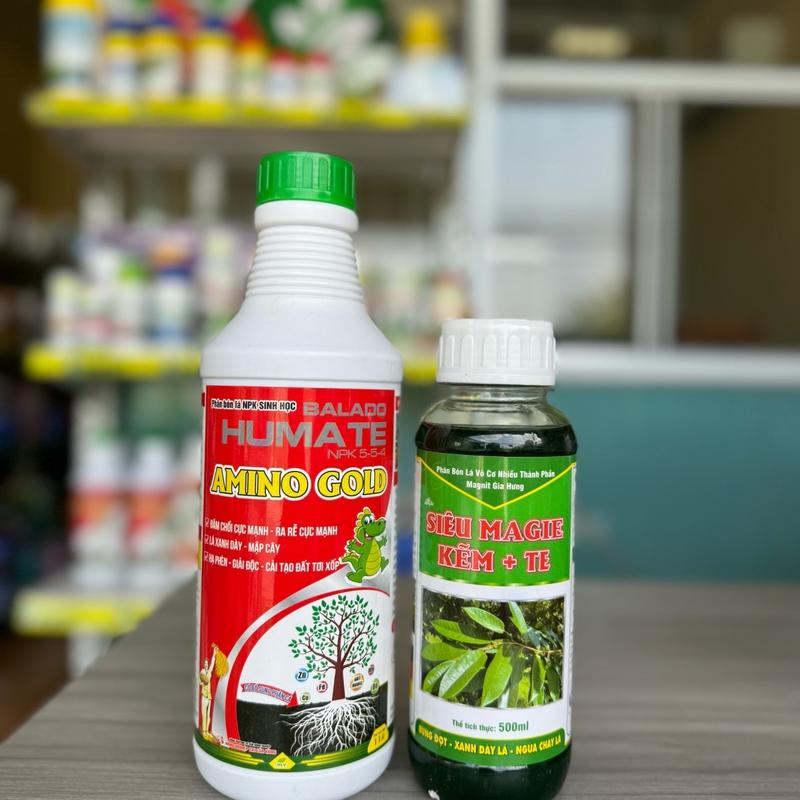 Combo Phân bón lá : Amino Gold 1L + Siêu Magie Kẽm + TE 500ml Bung đọt xanh dày lá ngừa cháy lá sử dụng cho 400 lít