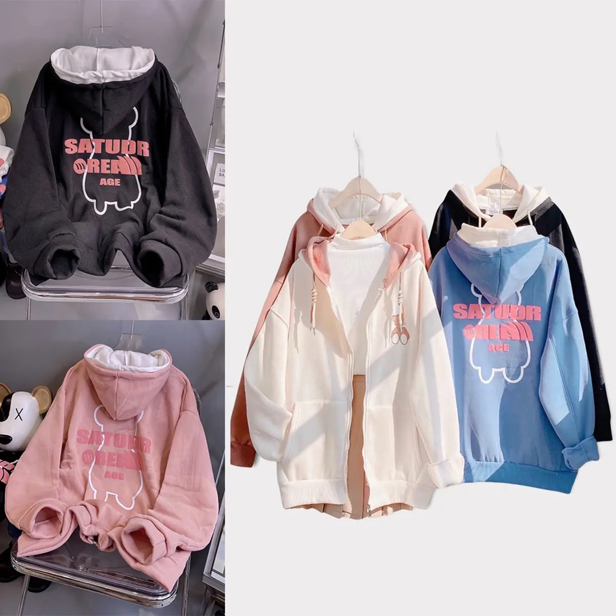 Áo Khoác Nỉ Hoodie Zip Gấu Saturd 2 Nón Freesize 38 đến 55kg