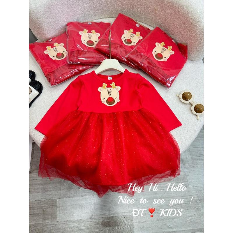 Váy Noel đỏ dài tay bé gái in hình hươu kèm chân voan 3 lớp lấp lánh siêu mềm